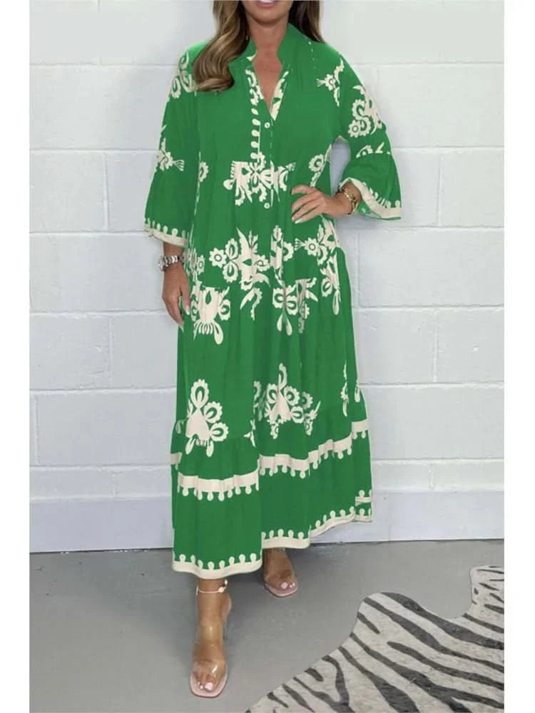 Women's Printed Loose Ethnic Retro Dress Spring Autumn V Neck Button A-Line Long Dress Summer 3/4 Sleeve Bohemian Maxi Dresses - M & M Global