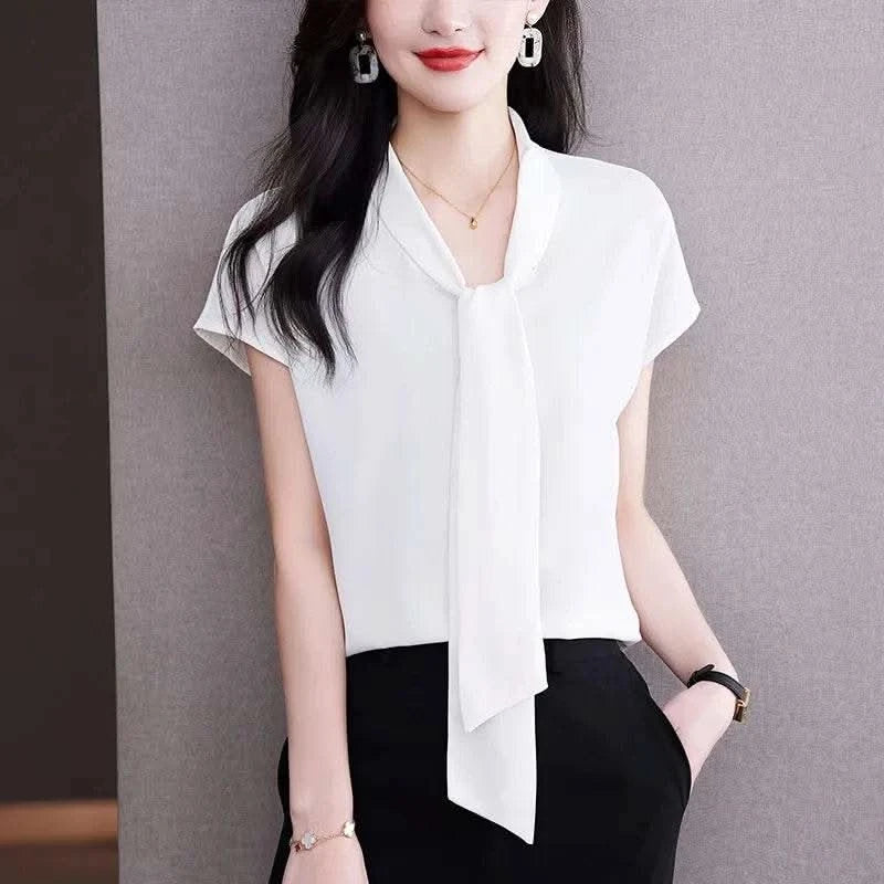 Bow Tie Blouse Shirt for Women OL Elegant Blouses Satin Womens Tops Silk Female Clothing 2023 Korean Fashion Short Sleeve Blouse - M & M Global
