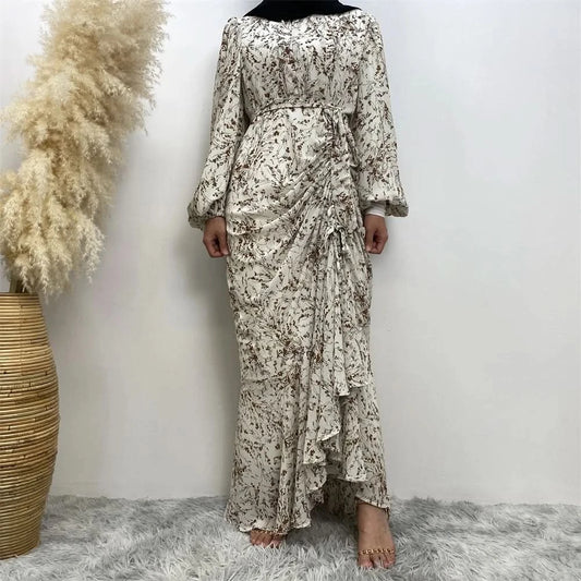 Muslim Women's dress Casual print bark crepe long dress Zipper collar long sleeves loose Muslim maxi dress - M & M Global