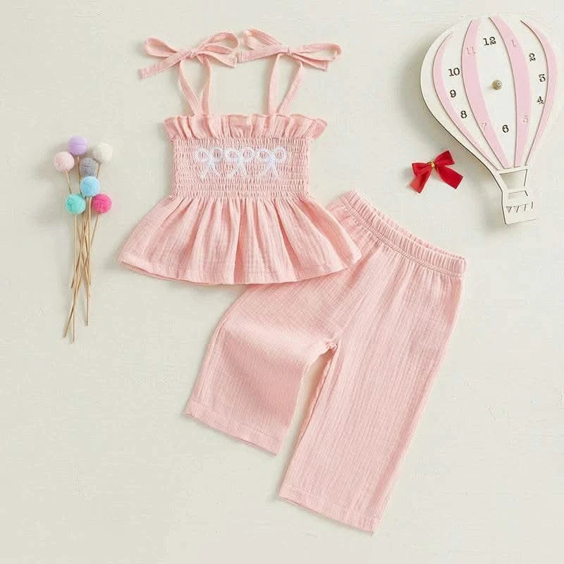 Adorable Toddler Girl Sleeveless Top and Shorts Set with Cute Bow Embroidery Detail - Summer Outfit for Little Princesses - M & M Global