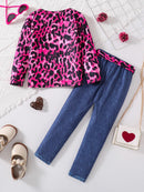 2-Piece Spring and Autumn Girls Fashion Set Pink Leopard Print Knit Round Neck Cartoon Print Long Sleeve + Dark Blue Slim Pants