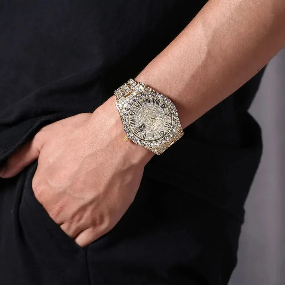 Hip Hop Iced Out Men Watch Full AAA Rhinestone Around Luxury Quartz Watches Round Clock Unisex Wrist Watch Gift For Boyfriend - M & M Global