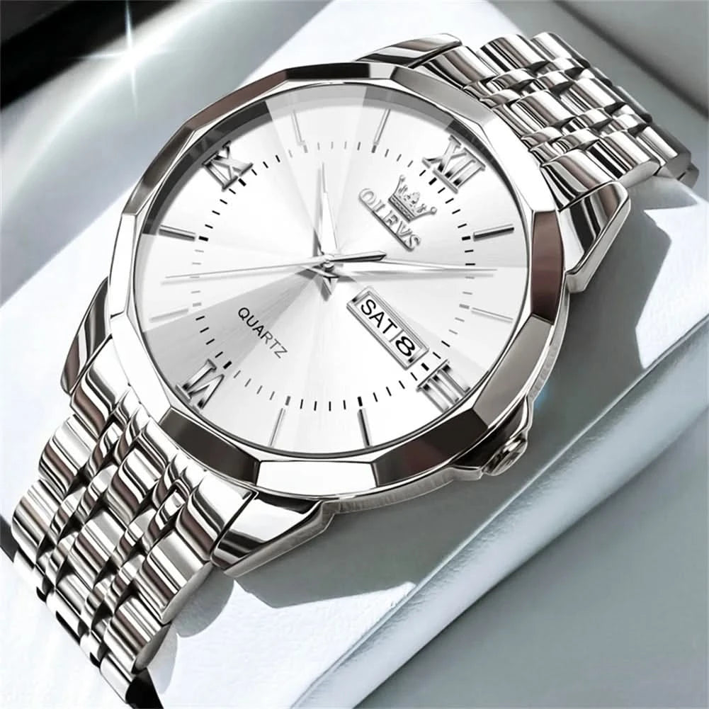 OLEVS Men's Watches Causal Fashion Original Quartz Watch for Man Waterproof Stainless Steel Luminous Date Week Trend Dress Reloj - M & M Global