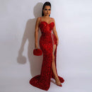 CM.YAYA Women Sequined Tassel Front Spaghetti Strap Sleeveless High Side Slit Maxi Long Dress 2023 Evening Sexy Party Dresses - M & M Global