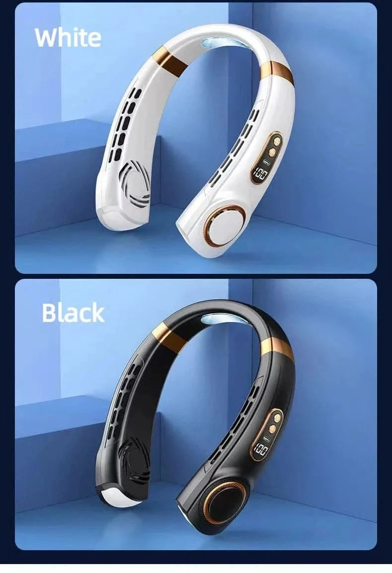 White and black Bluetooth headsets on a blue background