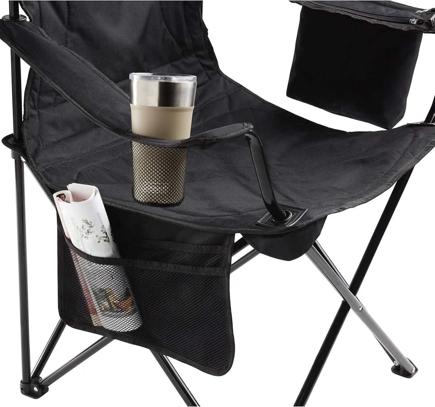 Portable Camping Chair with 4-Can Cooler, Fully Cushioned Seat and Back with Side Pocket and Cup Holder, Carry Bag Included