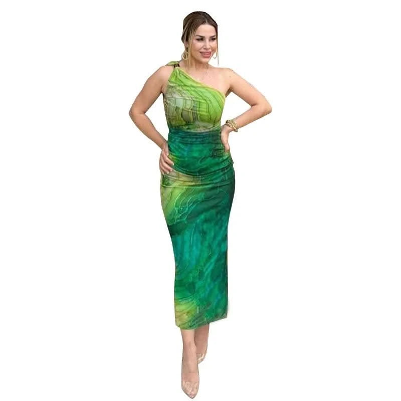 CUTENOVA Sexy Slash Collar Gradient Print Long Dress Summer Chic One-Shoulder Backless Party Dresses Sleeveless Hollow Slim Fit - M & M Global