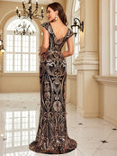 Luxury V-Neck Cap sleeve Sequins Evening Dresses Women Elegant V-back Wedding Party Long Prom Cocktail Gowns