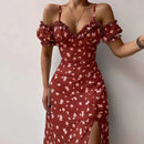 Women Elegant Off Shoulder V Neck Long Dress Sexy Sling Ruffle Strapless Slit Party Dress Spring Floral Print Slim Dress 21764 - M & M Global