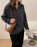 Korean Half Zip-Up Sweater Women Retro Loose Sporty Knitted Pullover ladies Autumn Winter thicken warm Long Sleeve knit Jumpers