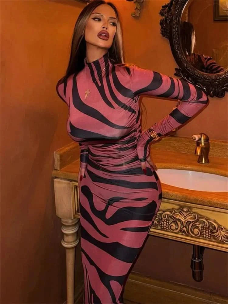 Print Leopard Print Slim Long Dress Women's Fashion Long Sleeve Sexy Party Dress Summer Street Leopard Print Long Dress 2024 New - M & M Global