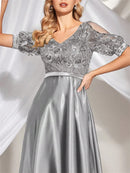 Elegant Short Sleeve Satin Patchwork Sequins V-neck Formal Evening Dresses 2026 Luxury Women A-Line Party Cocktail Prom Gowns