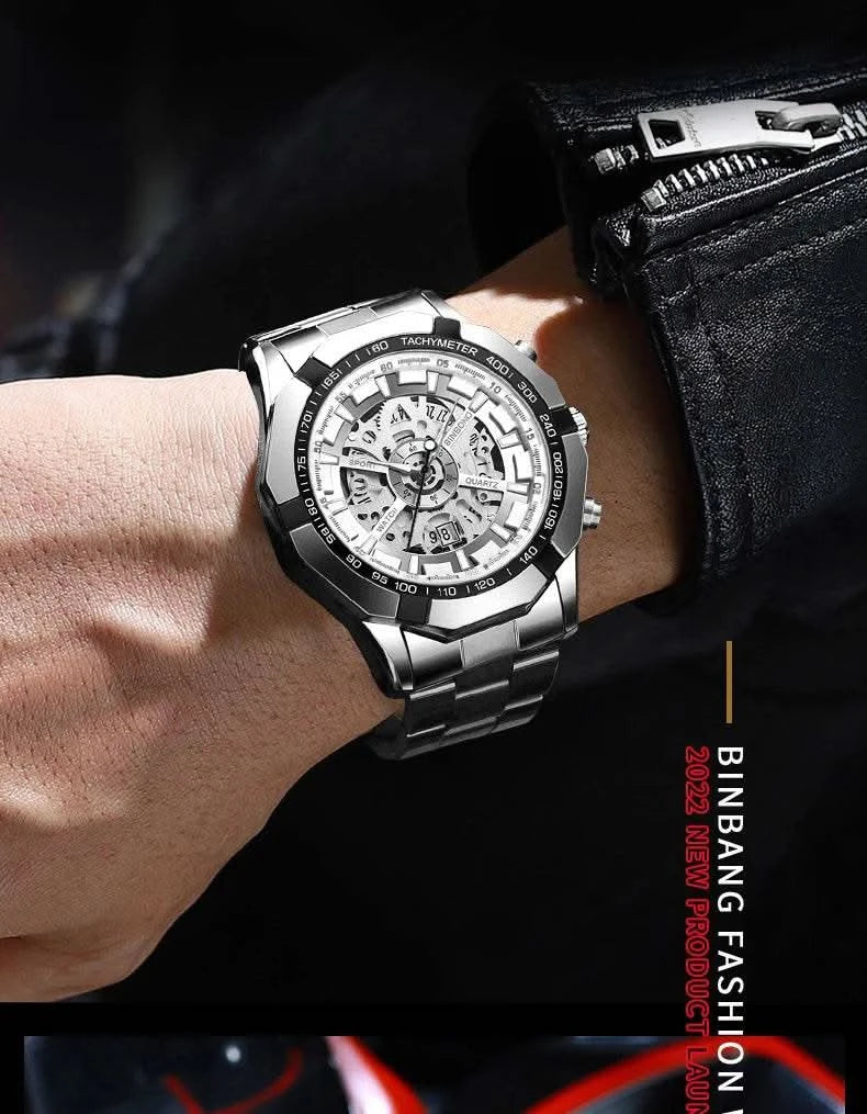 BINBOND Mens Quartz Watches Top Brand Luxury Stainless Steel Waterproof Hollow Out Blue Big Male Wristwatches Relogio Masculino - M & M Global