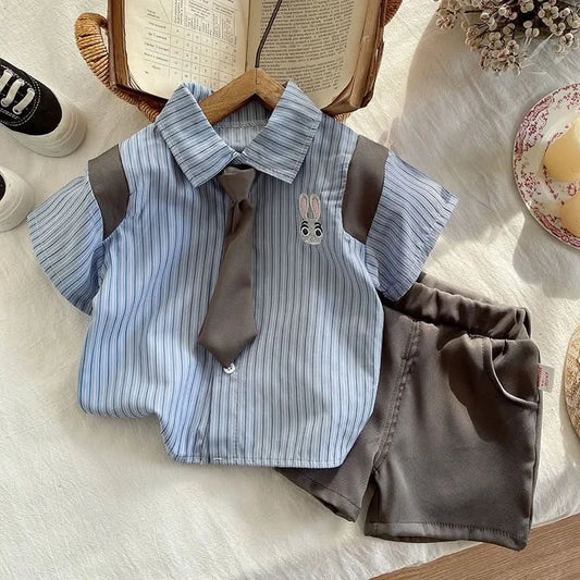 Fashion Clothes Summer Kids Boys Girls Causal Strips Shirt Shorts 2Pcs/Set With Tie Toddler Baby Clothing Infant 0-5 Years - M & M Global