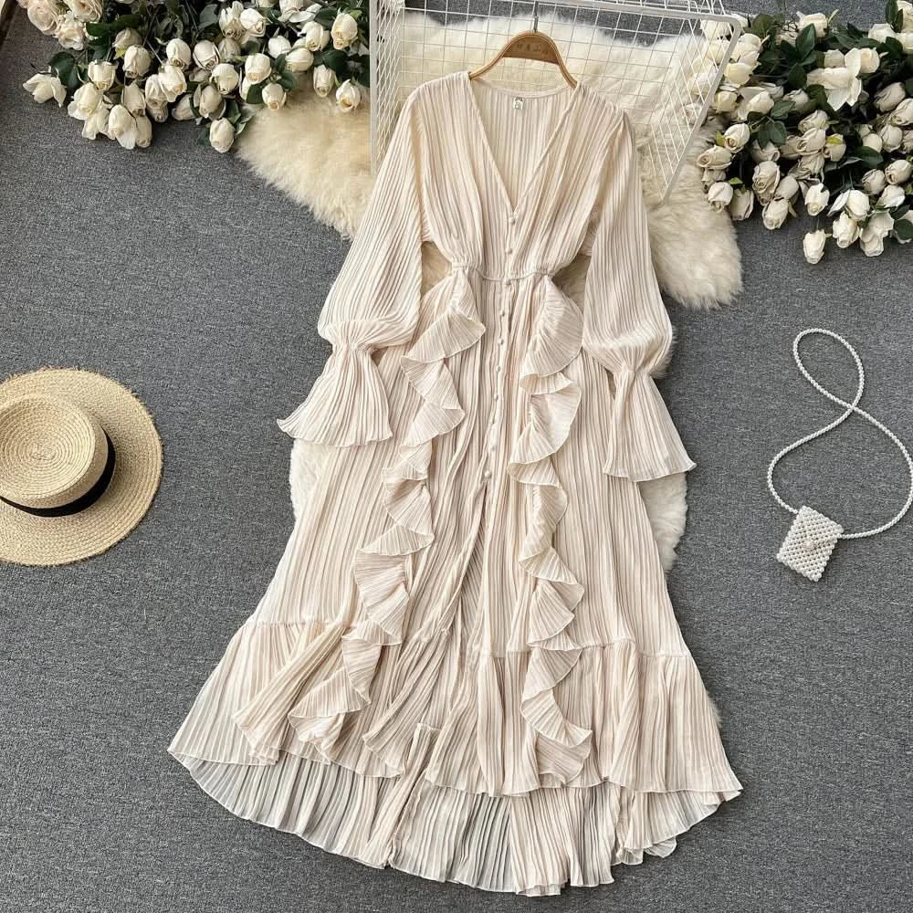 Purple/Brown/Red Chiffon Pleated Long Dress Women Vintage V-Neck Flare Sleeve Draped Ruffle Vestido Female Maxi Robe Spring Fall - M & M Global