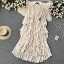 Purple/Brown/Red Chiffon Pleated Long Dress Women Vintage V-Neck Flare Sleeve Draped Ruffle Vestido Female Maxi Robe Spring Fall - M & M Global