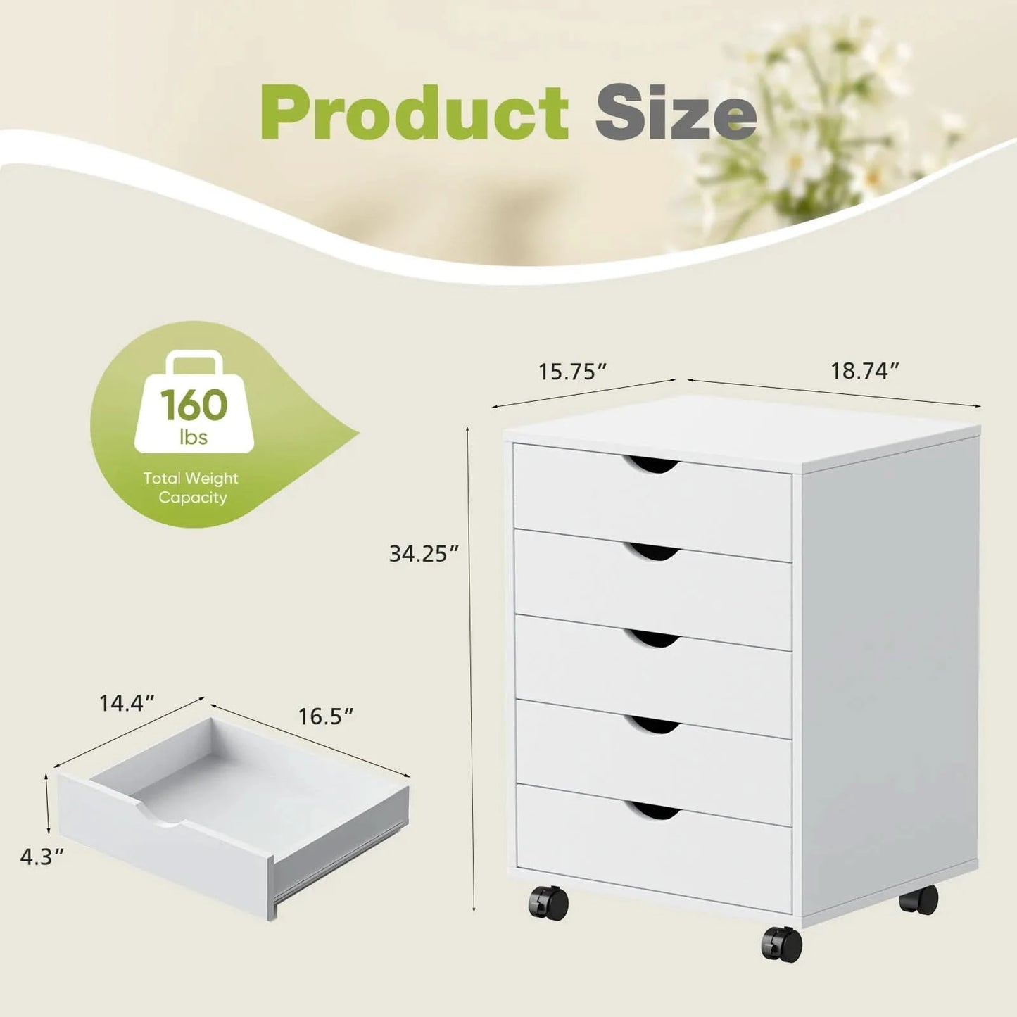 JHK Wood Nightstand Cabinet 5 Drawers Waterproof Surface Storage Organizer File Office Easy To Move Bedside Table Rotating Wheel