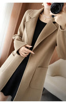 Plus Size Women's Long Sleeve Woolen Coat Pure Color Slim Fit Midi Length Spring New Style Compact Size Versatile Quality Pol...