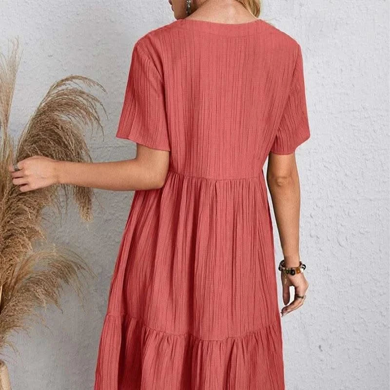 2025 Loose V-neck Short Sleeved Pleated Women Dress Solid Color A-line Beach Dresses Elegant Simple Comfortable Woman Clothing - M & M Global