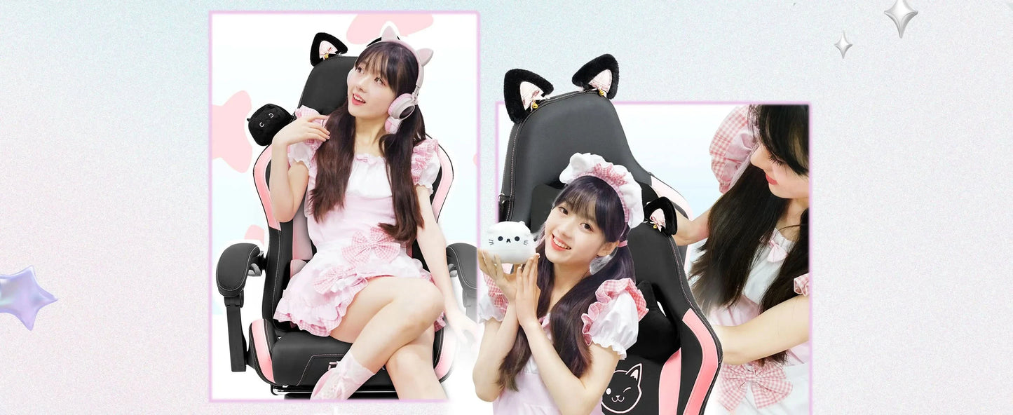 Dowinx Gaming Chair Cute with Cat Ears and Massage Lumbar Support, Ergonomic Computer Chair for Girl with Footrest and Headrest