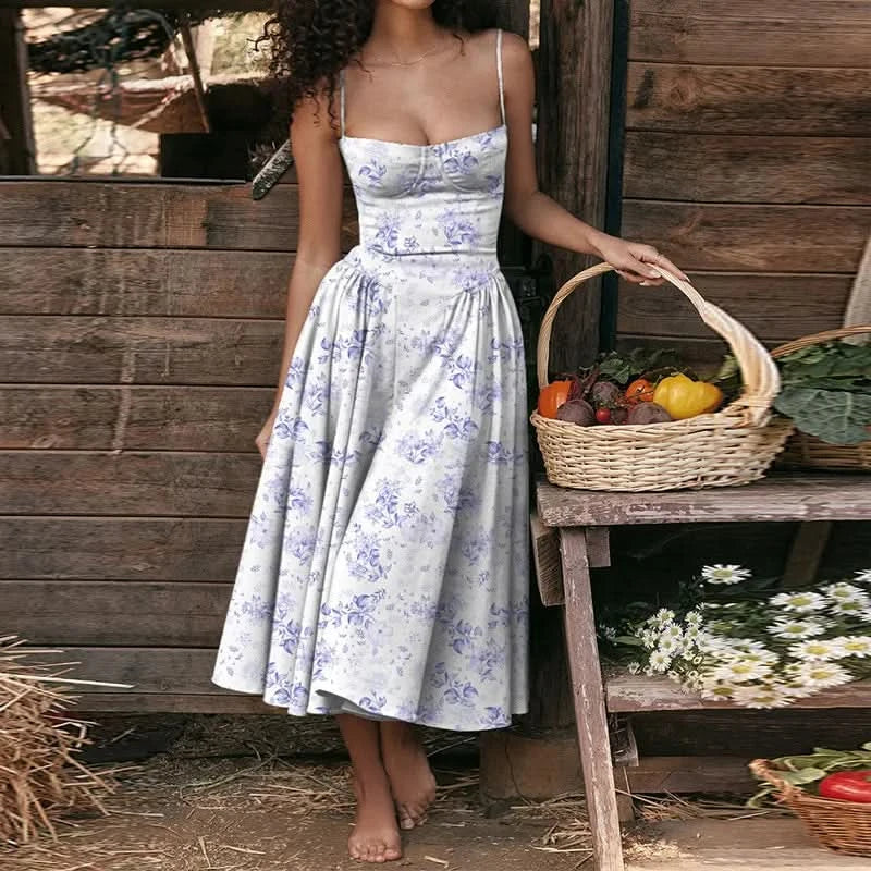 Summer Women Elegant Sleeveless Backless Pleated Dresses Lady Sexy Solid Sling Midi Dress 2024 Female Party Evening A-line Robes - M & M Global
