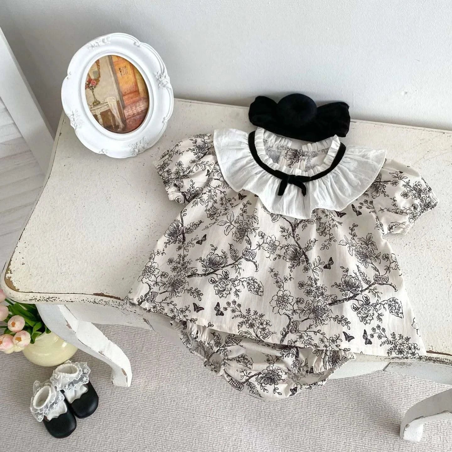 2PCS Summer Floral Baby Girl Suit New Autumn Fashion Lace Bow Baby Girls' Set Peter Pan Collar Shirt and Shorts Princess Outfits - M & M Global