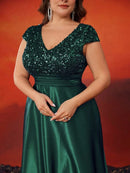 Plus Size Elegant V-Neck Red Sequins Evening Dress Long Luxury Women Satin Sleevesless Party Prom Cocktail Gowns