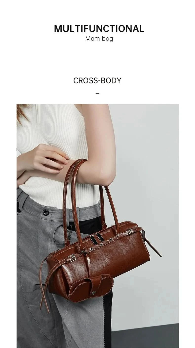 Genuine Leather Women's Baguette Bag Niche Retro Motorcycle Trend Cool belt Handbag New Luxury Design Shoulder Underarm Bag - M & M Global