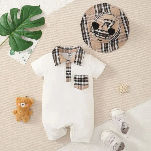 Two-piece baby boy design simple plaid neckline front pocket with plaid hat shorts spring/summer set - M & M Global
