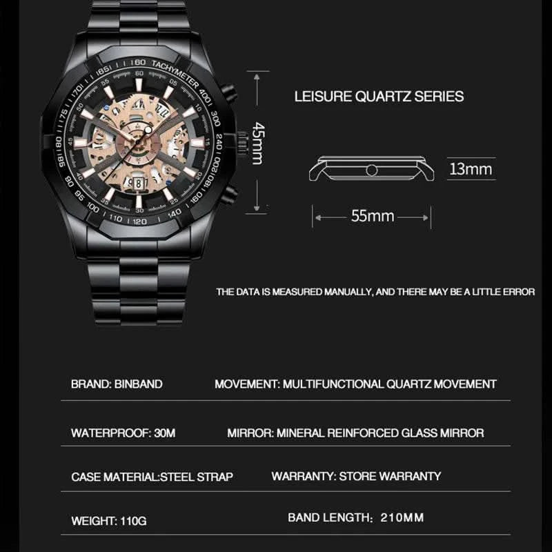 BINBOND Mens Quartz Watches Top Brand Luxury Stainless Steel Waterproof Hollow Out Blue Big Male Wristwatches Relogio Masculino - M & M Global