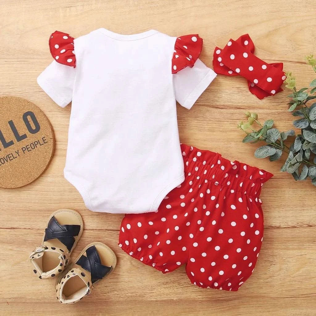 Baby Girl 0-18 Months 3PCS Clothing Set Love Short Sleeve Romper+Polka Dot Shorts+Headband Summer Daily Casual Newborn Baby Girl - M & M Global