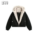 Winter American Retro Fur Collar Women Padded Hooded Cotton-Padded Jacket Plush Casual Street Gothic Harajuku Oversize Coat