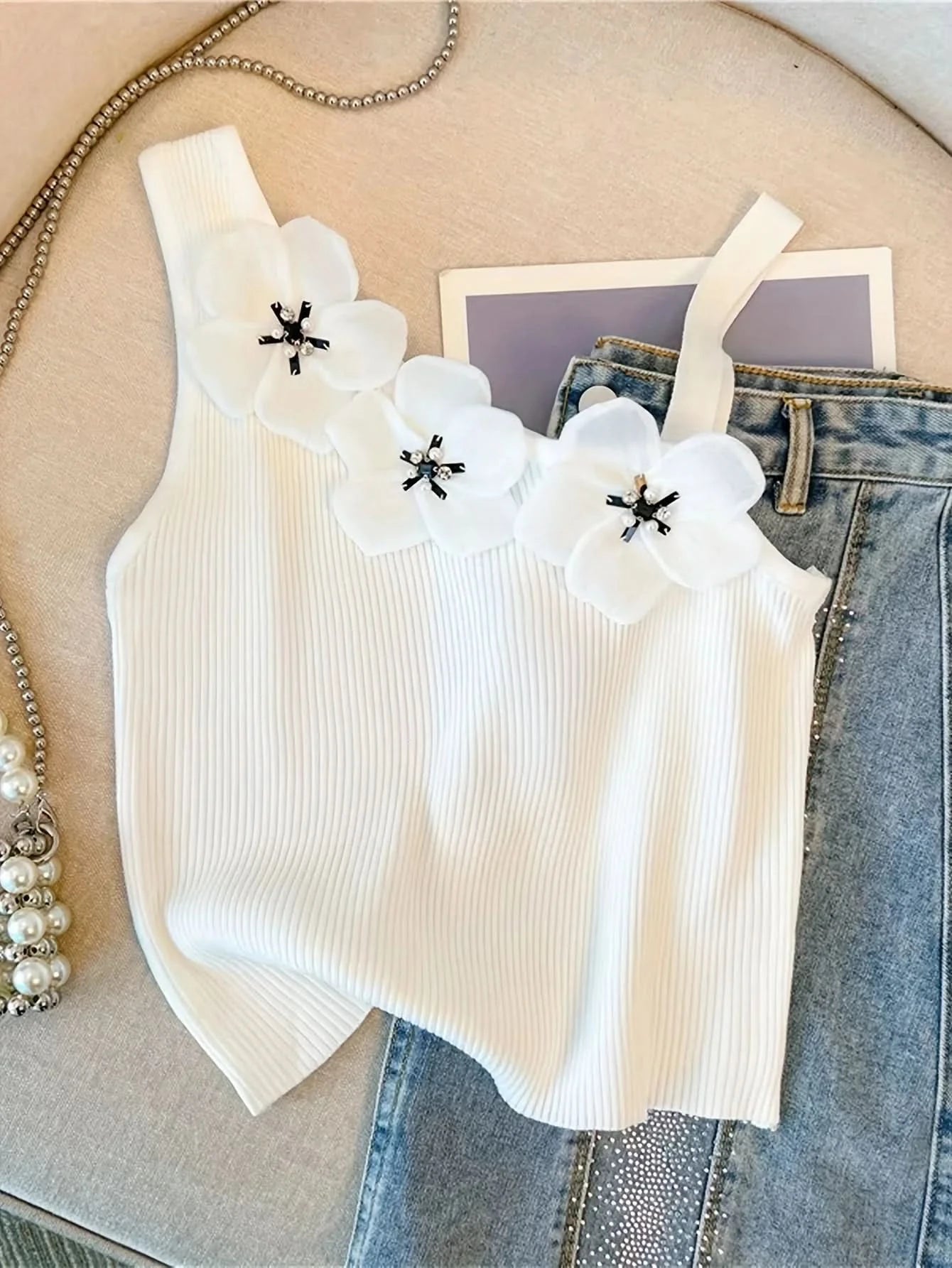 Solid Stereo Flower Asymmetric Neckline Knitted Top, Elegant Sleeveless Top For Summer & Spring, Women's Clothing - M & M Global