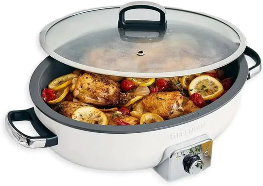Elite 5.5QT Electric Oval Skillet, PFAS-Free Ceramic Nonstick, 1800 Watt, Dishwasher Safe Lid & Removable Crock, Adjustable Temp - M & M Global
