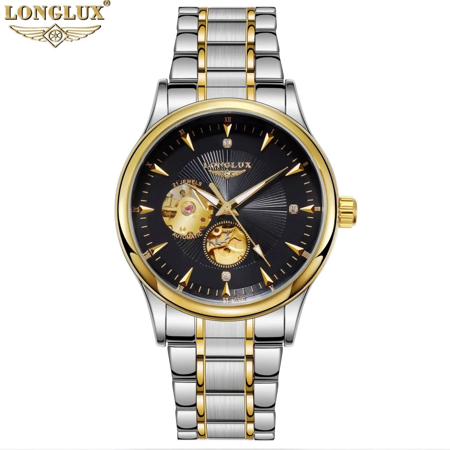 LONGLUX Men automatic mechanical watch elegant luxury watches waterproof skeleton business wholesale stainless steel gift watch - M & M Global