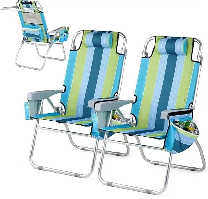 VINGLI Tall Beach Chair 2 Pack, with 5-Position, Cooler Bag, Cup Holders, Towel Bar, Lightweight Folding Beach Camping Chairs