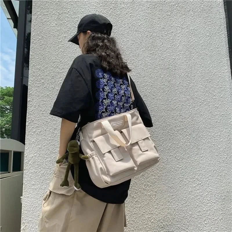 Waterproof Shoulder Bag Women's Multi Pocket Nylon Messenger Bag Preppy Canvas Handbag Women - M & M Global