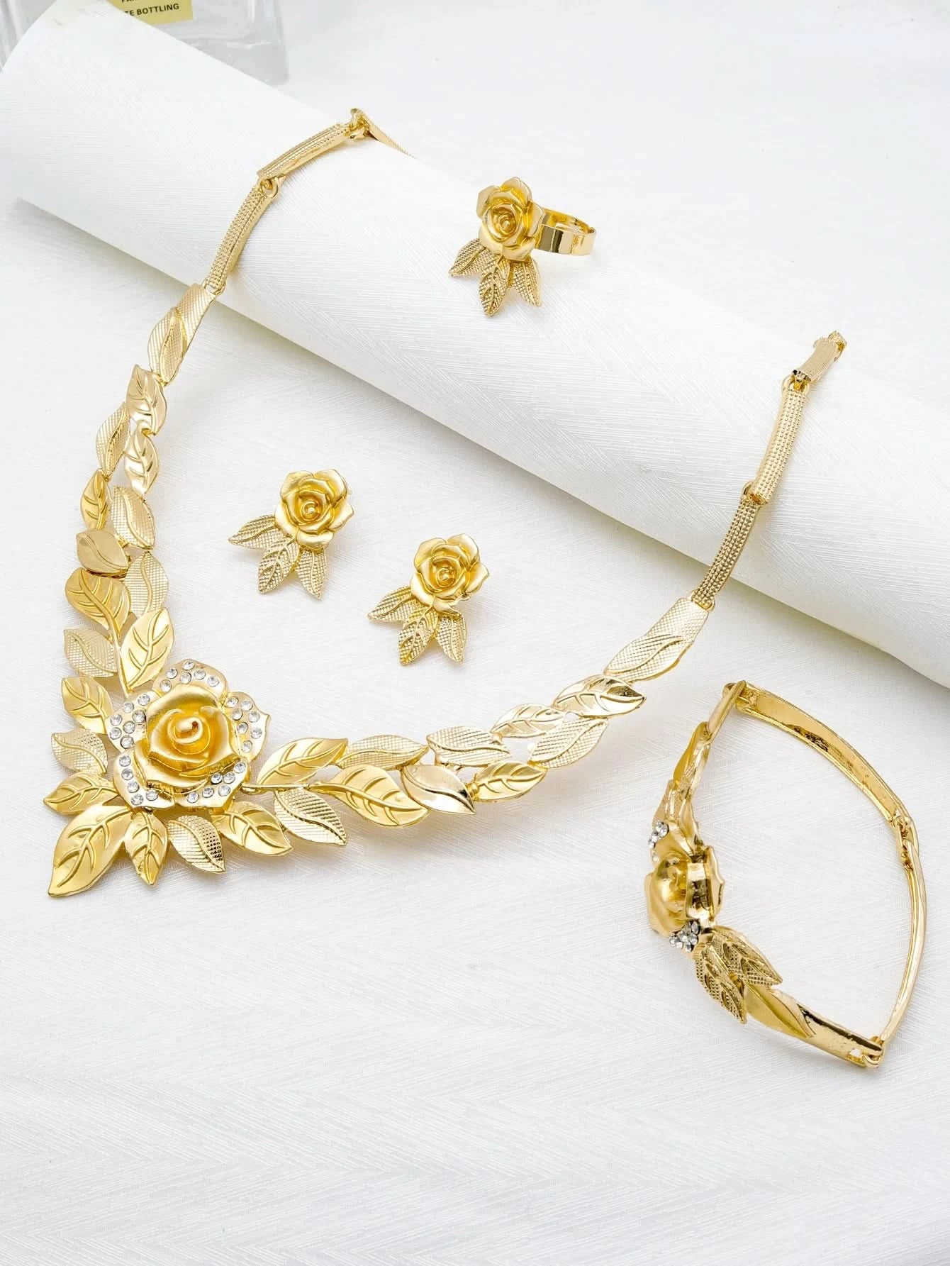 Jewelry Sets for Women Flower Pendant Necklace 18k Gold Plated Fashion Design Earring Bracelet Ring Sets Exquisite Gifts - M & M Global