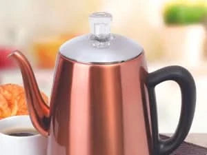 PER12 Stainless Steel Electric Coffee Percolator, 12 Cup, Polished Copper Finish, Dripless Gooseneck Spout, Clear Glass Knob, Br - M & M Global