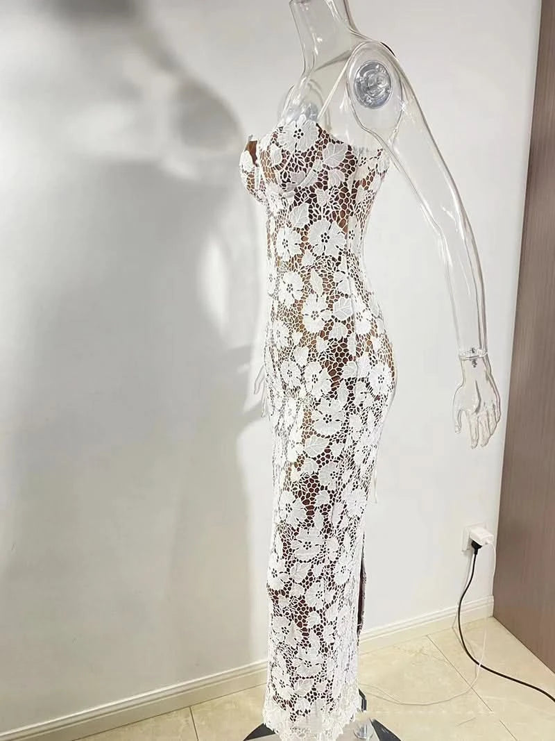 Mozision Floral Embroidery Sexy Maxi Dress For Women Fashion Spaghetti Strap Sleeveless Backless Lace-up Club Party Long Dress - M & M Global
