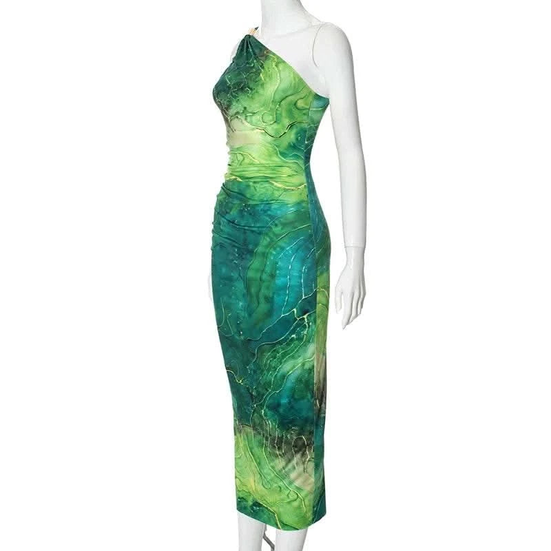 CUTENOVA Sexy Slash Collar Gradient Print Long Dress Summer Chic One-Shoulder Backless Party Dresses Sleeveless Hollow Slim Fit - M & M Global
