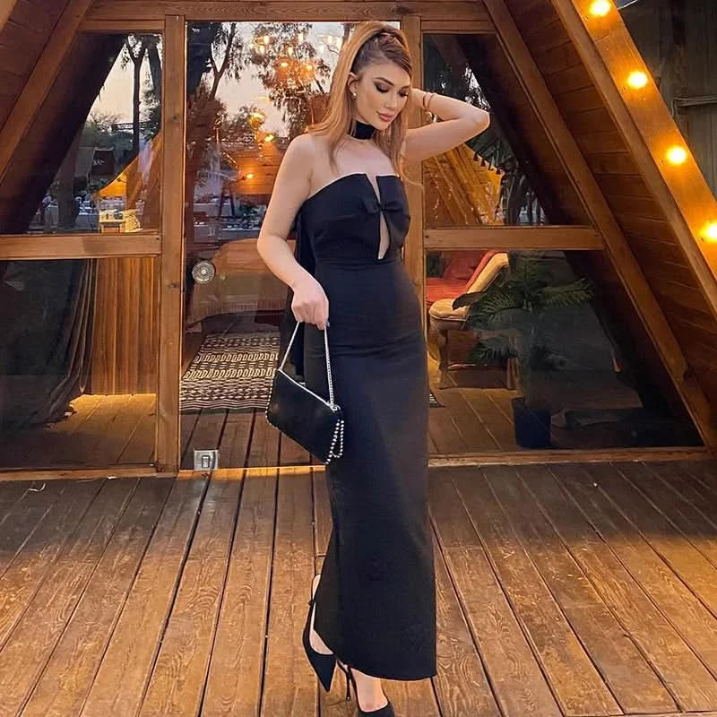 Tossy Tee Bow Off-Shoulder Slim Long Dress For Women Patchwork Fashion Elegant Hollow Out Backless Clothes Female Party Dress - M & M Global