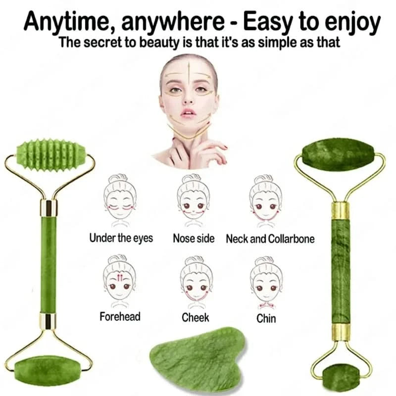 Jade Massagers For Face Body Gua Sha Scraper Beauty Facial Roller Set Natural Gouache Stone Massage Slimming Skin Care Lift box - M & M Global