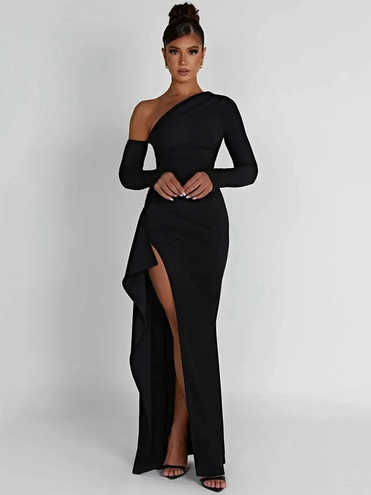 Mozision Oblique Shoulder Thigh High Split Maxi Dress Women Long Sleeve Backless Bodycon Sexy Club Party Long Dress Vestidos - M & M Global