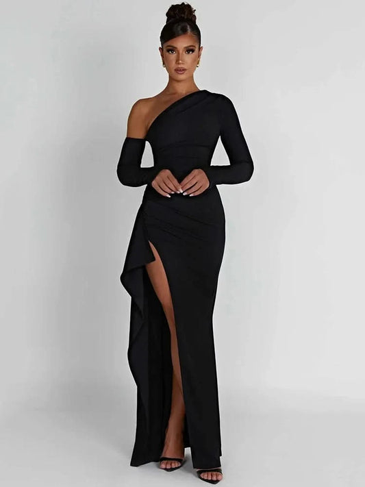 Mozision Oblique Shoulder Thigh High Split Maxi Dress Women Long Sleeve Backless Bodycon Sexy Club Party Long Dress Vestidos - M & M Global