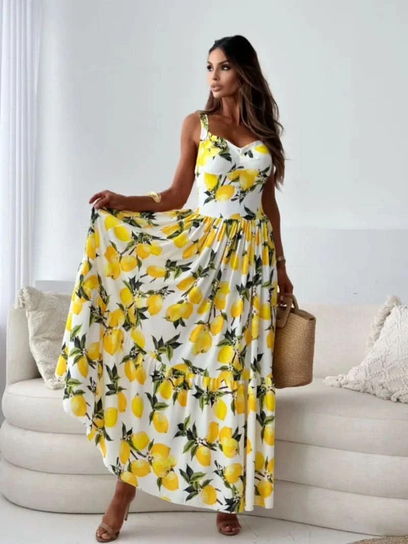 Women Clothing Sweet Sling Printed Backless Pleated Dress Spring and Summer Commuter Ruffled Woven Long Dress - M & M Global