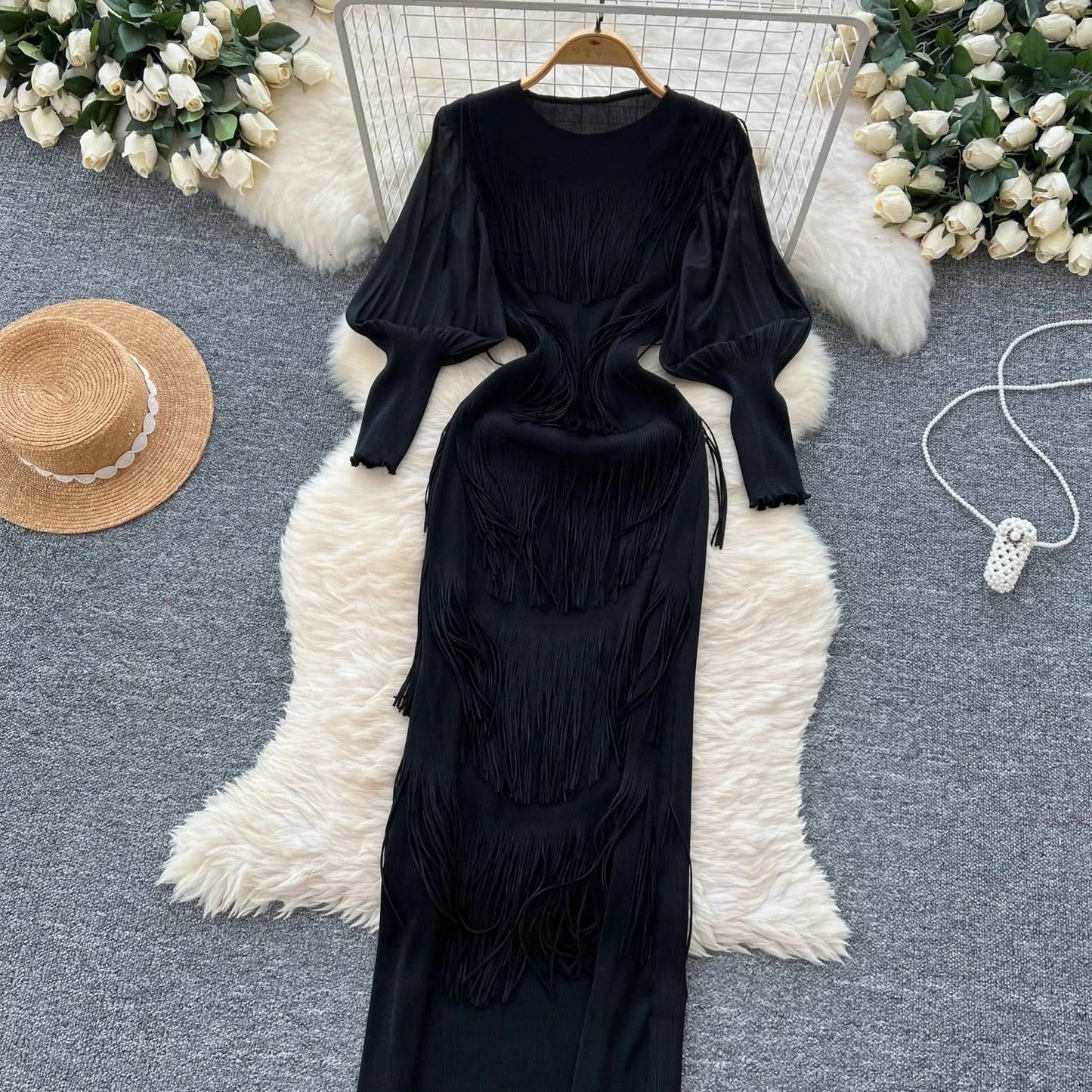 Vintage O-Neck Elegant Long Lantern Sleeve Chic Tassel Slim Long Dress French Fashion Evening High Street Autumn Winter Clothing - M & M Global
