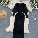 Vintage O-Neck Elegant Long Lantern Sleeve Chic Tassel Slim Long Dress French Fashion Evening High Street Autumn Winter Clothing - M & M Global