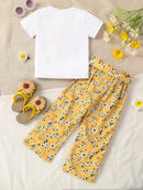 Girls Summer 2-Piece Set Cartoon Print T-Shirt & Floral Straight Leg Pants Breathable Kids Clothing Casual Outfit Fashion - M & M Global