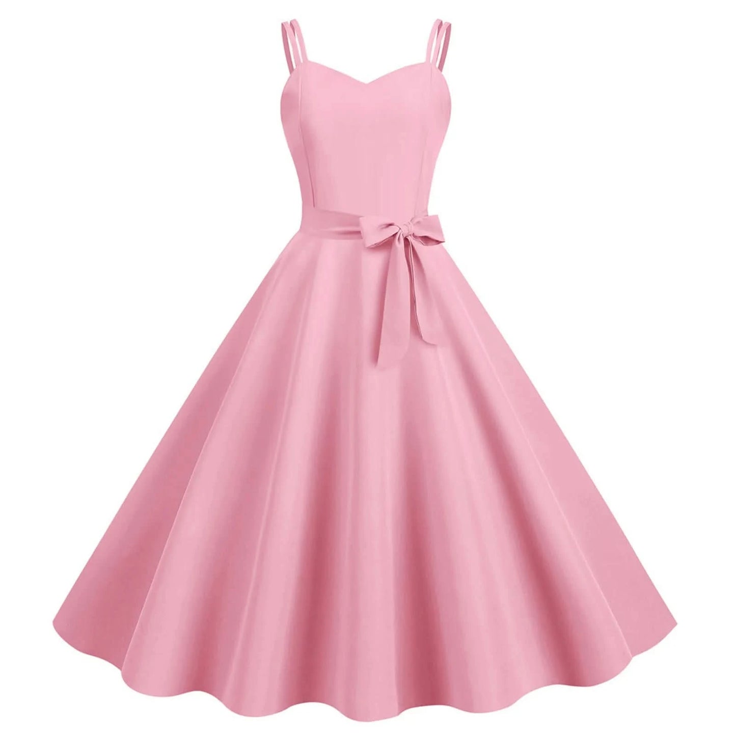 Women Casual Sleeveless Evening Party Prom Dress Strap A Line Large Swing Dress Solid Belted Waist Dresses For Wedding Guest - M & M Global